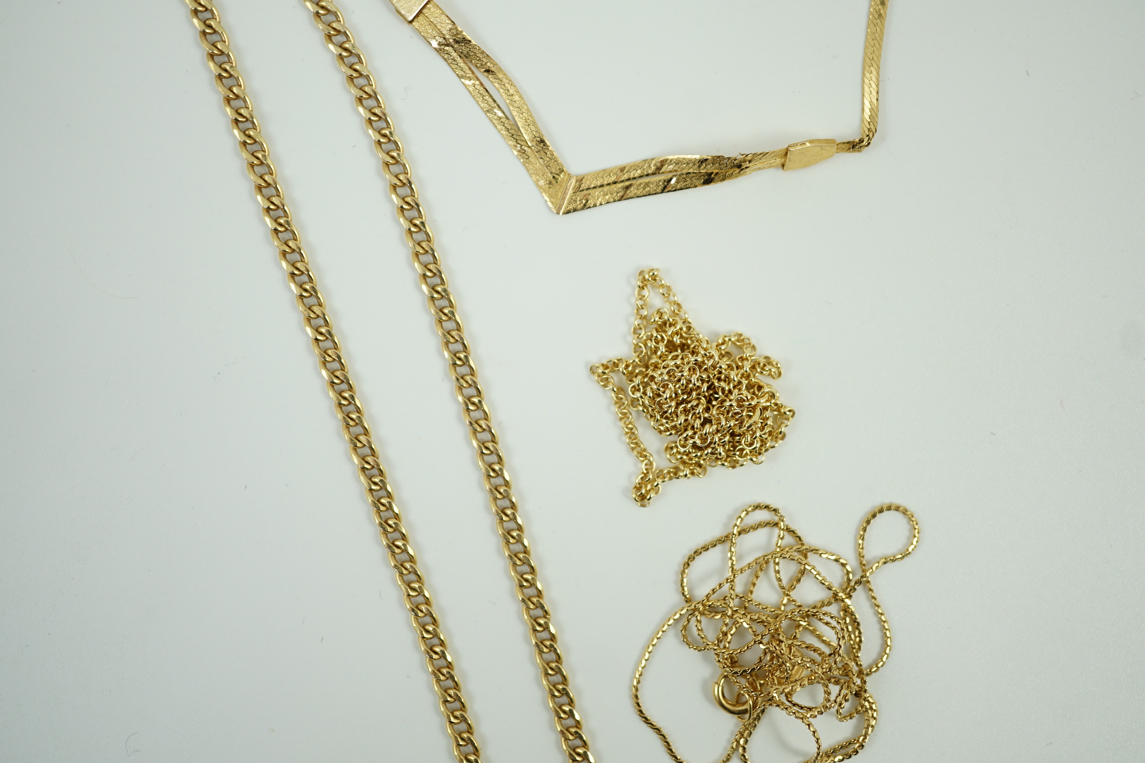 Two modern 9ct gold chains, longest 45cm, 6 grams, a 14kt bracelet, 1.6 grams and a 750 fine link chain, 2.3 grams.